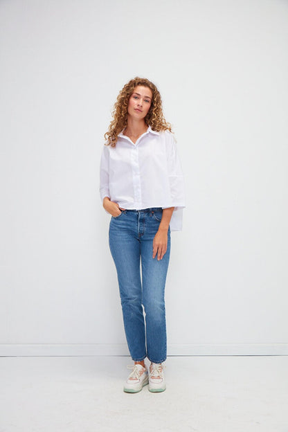 Asymmetric Cut Poplin Short Sleeve Shirt with Straight Pockets