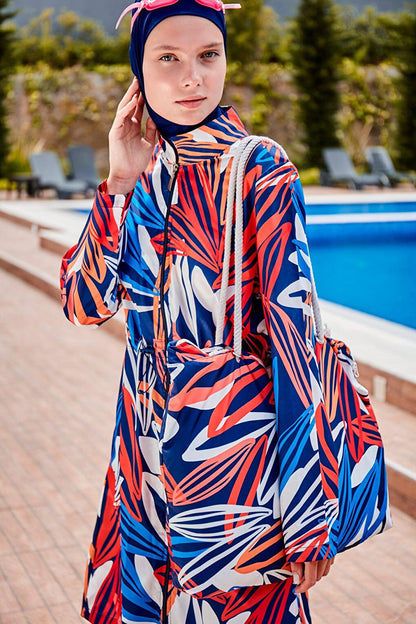 Patterned Fully Covered Hijab Swimsuit R2307