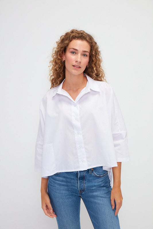 Asymmetric Cut Poplin Short Sleeve Shirt with Straight Pockets