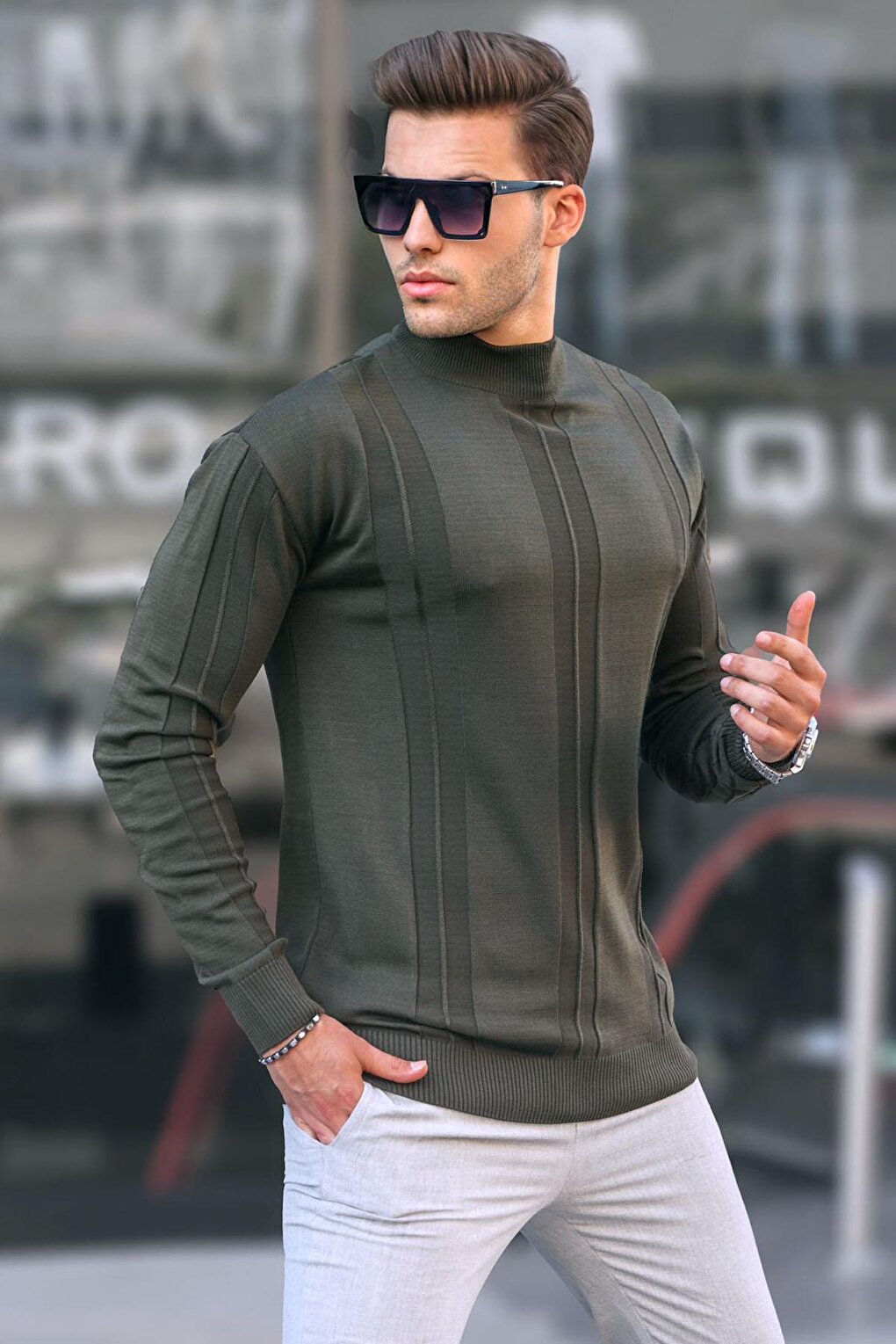 Khaki Turtleneck Patterned Sweater 6825