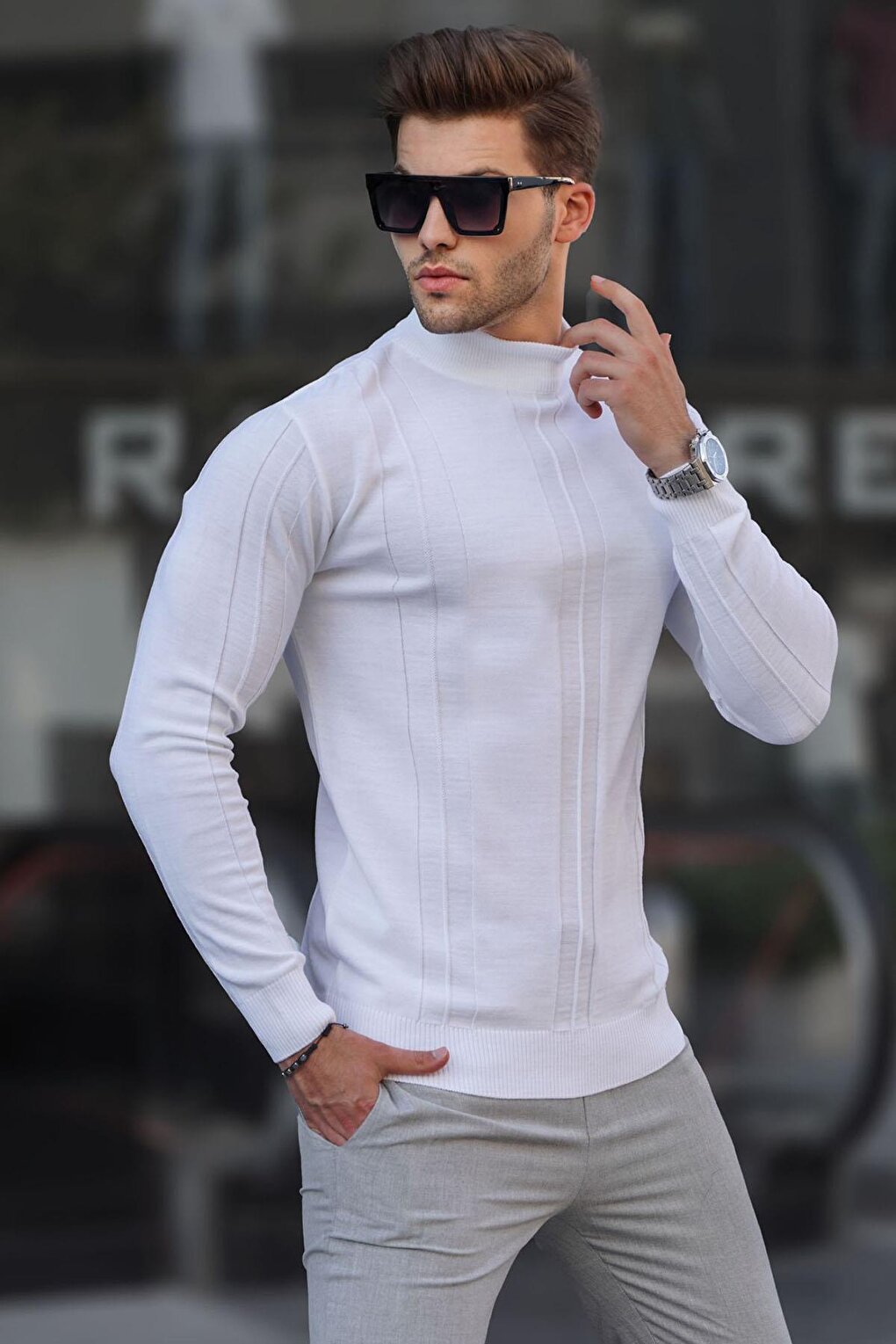 White Turtleneck Patterned Sweater 6825