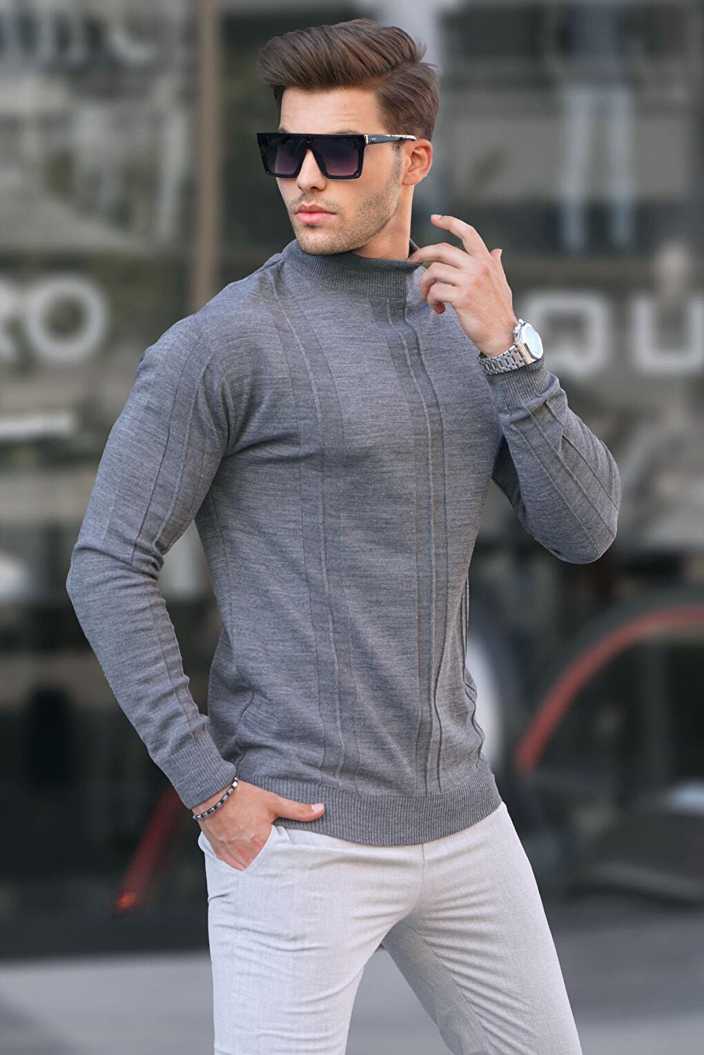 Anthracite Turtleneck Patterned Sweater 6825