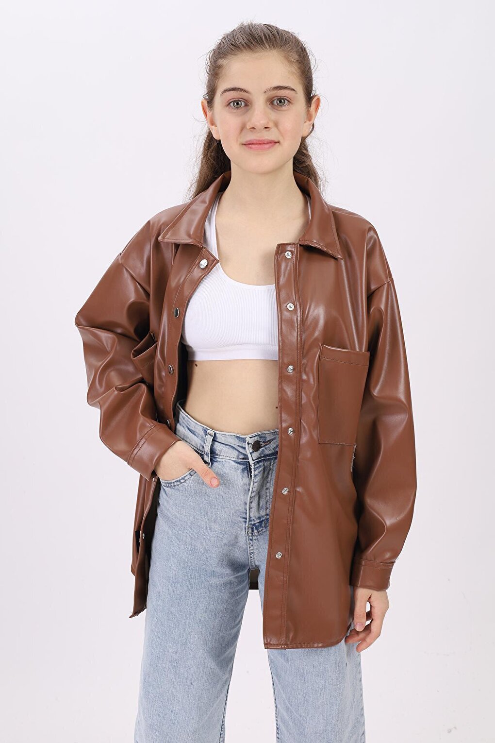 Girl's Brown Leather Shirt 9-14 Years Lx163