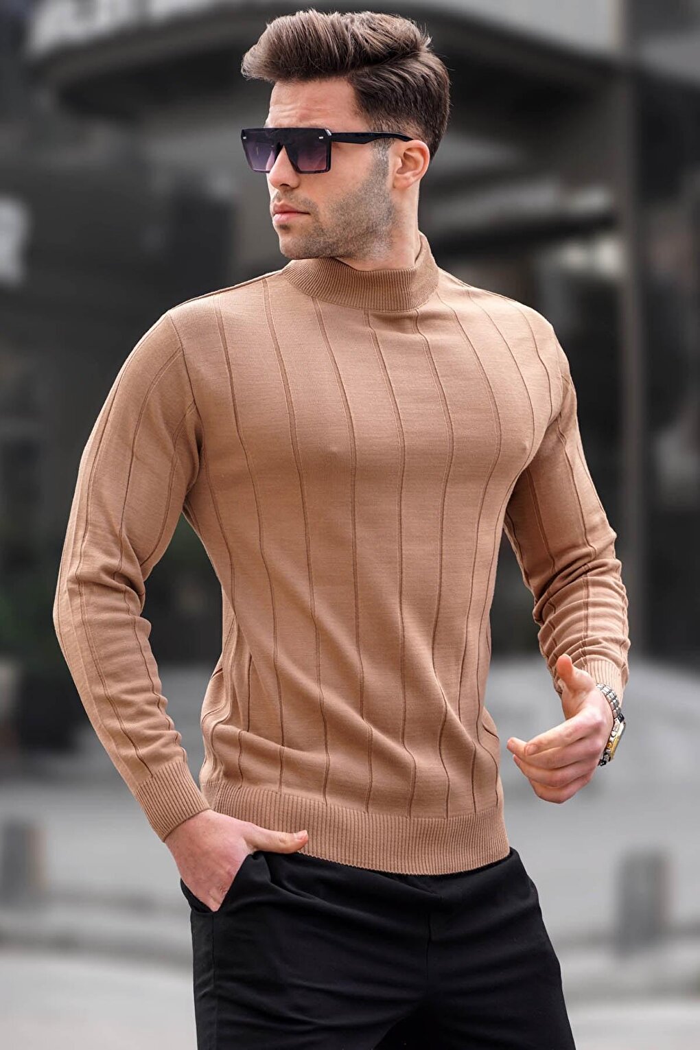 Beige Slim Fit Half Turtleneck Striped Men's Pilling-Free Knitwear Sweater 6344