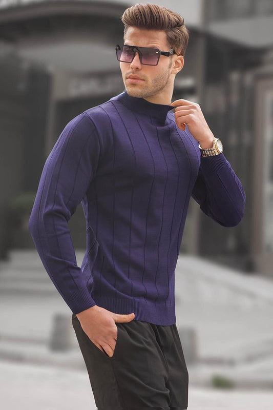 Navy Blue Slim Fit Half Turtleneck Striped Men's Pilling-Free Knitwear Sweater 6344