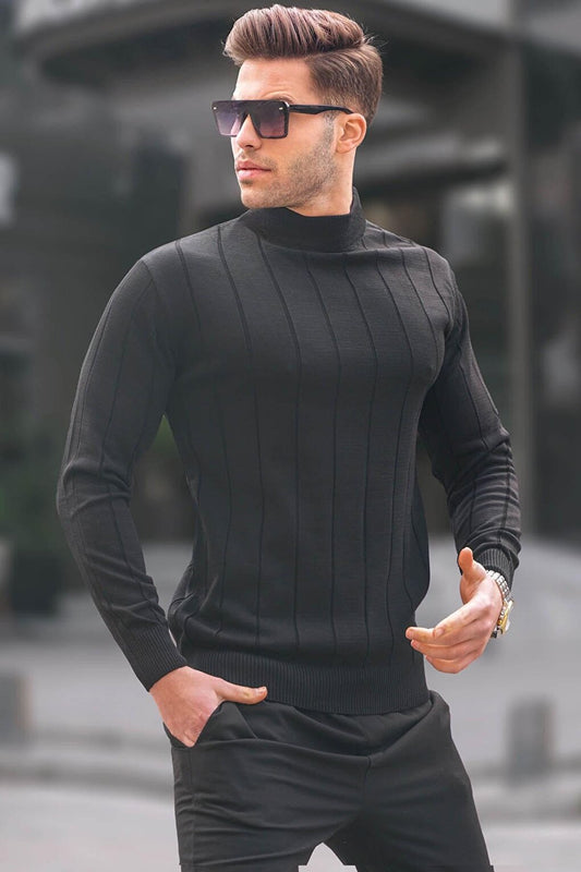 Black Slim Fit Half Turtleneck Striped Men's Pilling-Free Knitwear Sweater 6344