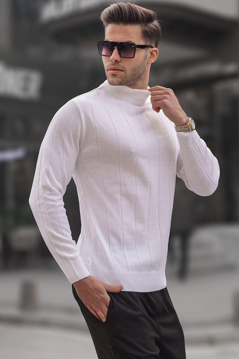 Ecru Slim Fit Half Turtleneck Striped Men's Pilling-Free Knitwear Sweater 6344