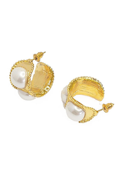 Thick Vintage Gold Plated Hoop Earrings with Pearls