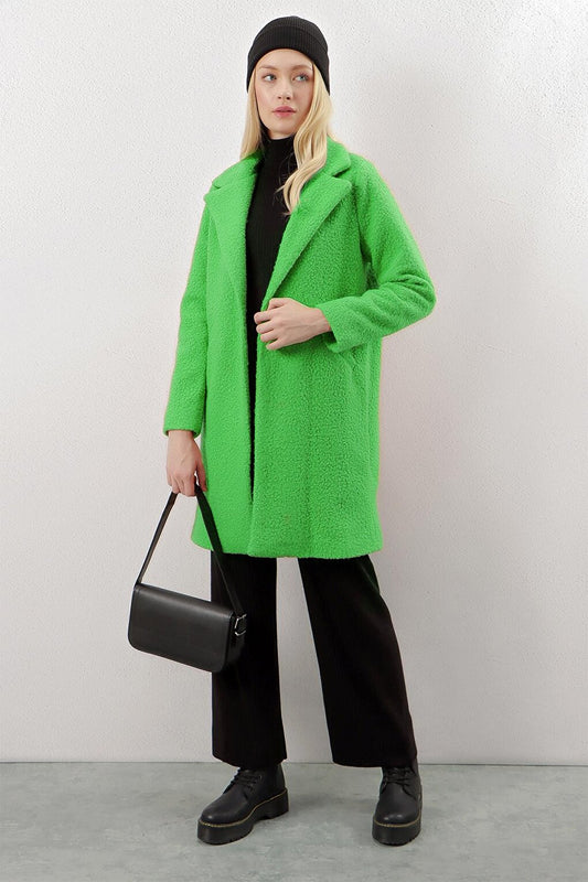 Women's Green Single Button Lined Coat with Pockets Boucle Cashew Coat