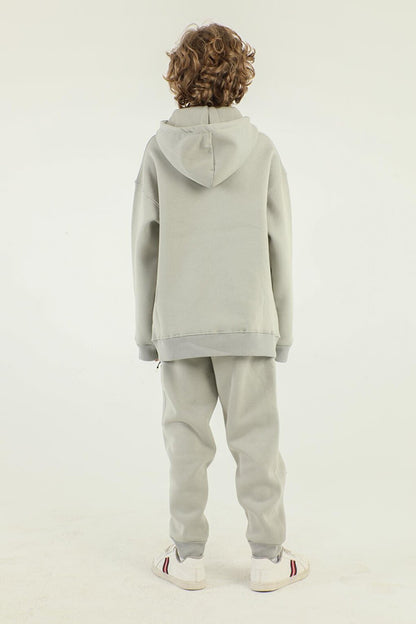 Thick Boys Tracksuit Set with Hooded Cargo Pocket and Side Zipper Detail