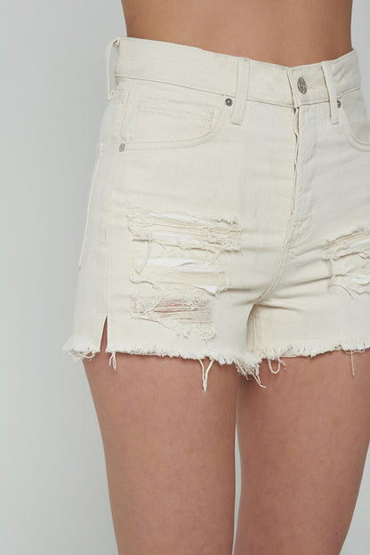 Ecru High Waist Frayed Buttoned Slit Detailed Shorts Jean C 4534-052