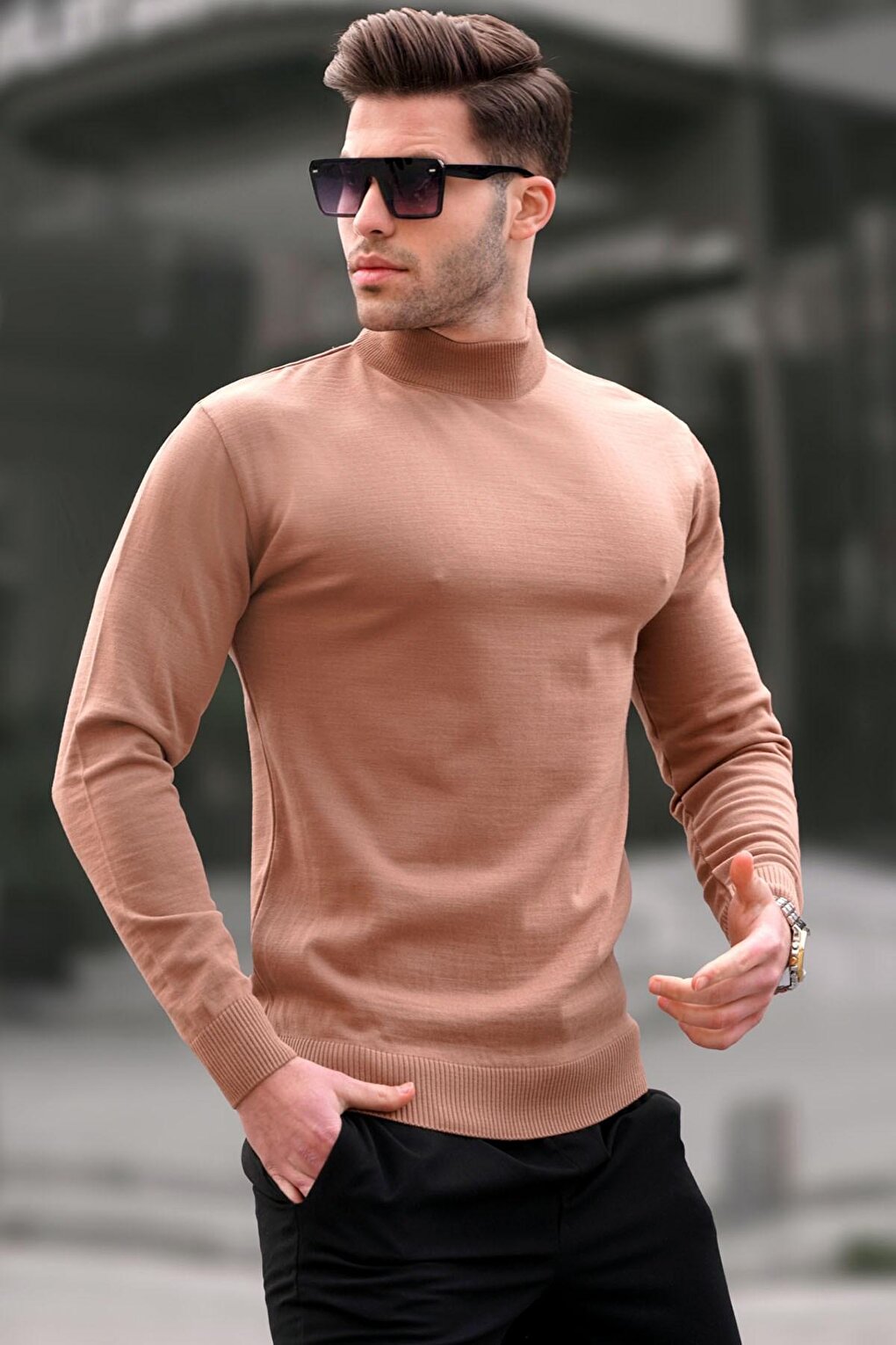 Madmext Stone Color Slim Fit Half Turtleneck Men's Knitwear Sweater 6343