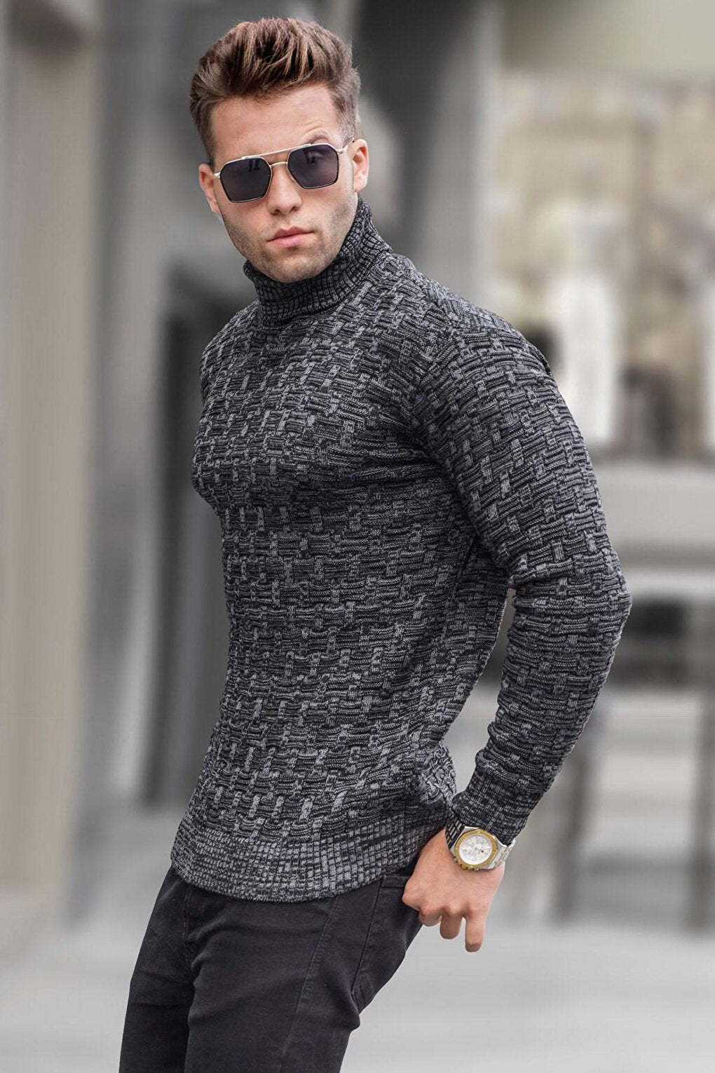 Black Turtleneck Knitwear Sweater 5758