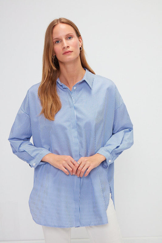 Striped Long Sleeve Oversize Poplin Shirt