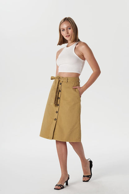 Camel Below Knee High Waist Button Detailed Skirt B 592-005