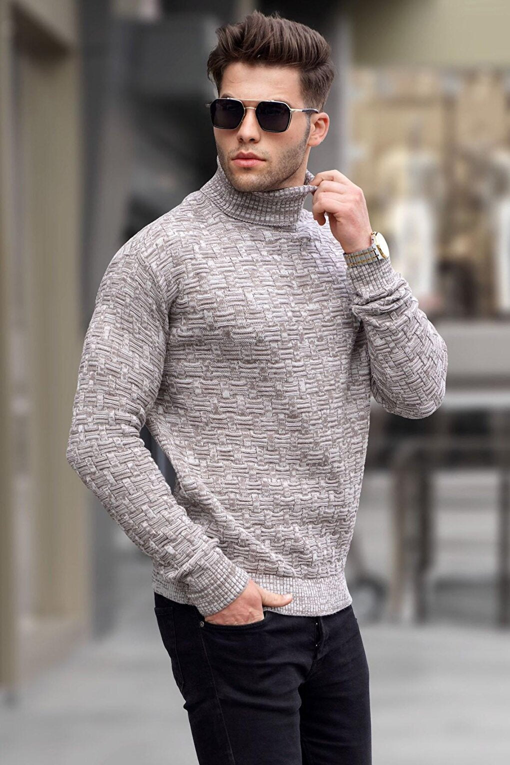 Stone Color Turtleneck Knitwear Sweater 5758