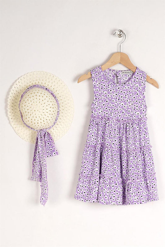 Girl's Lilac Colored Floral Patterned Dress with Hat Accessories