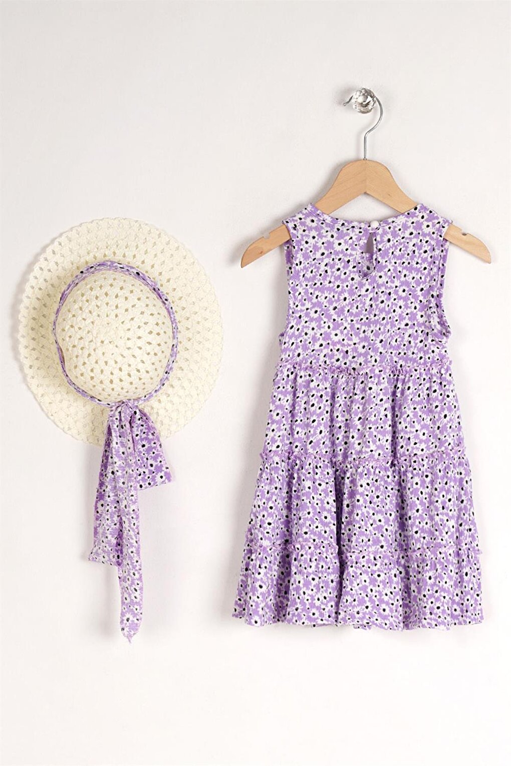 Girl's Lilac Colored Floral Patterned Dress with Hat Accessories