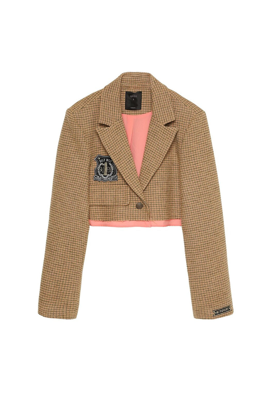 Embroidered Crop Blazer Jacket with Pocket Flap Beige