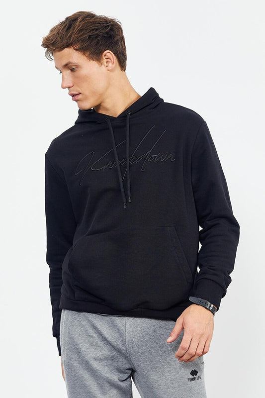 Black Handwritten Embroidered Hooded Comfortable Men's Sweatshirt - 88007