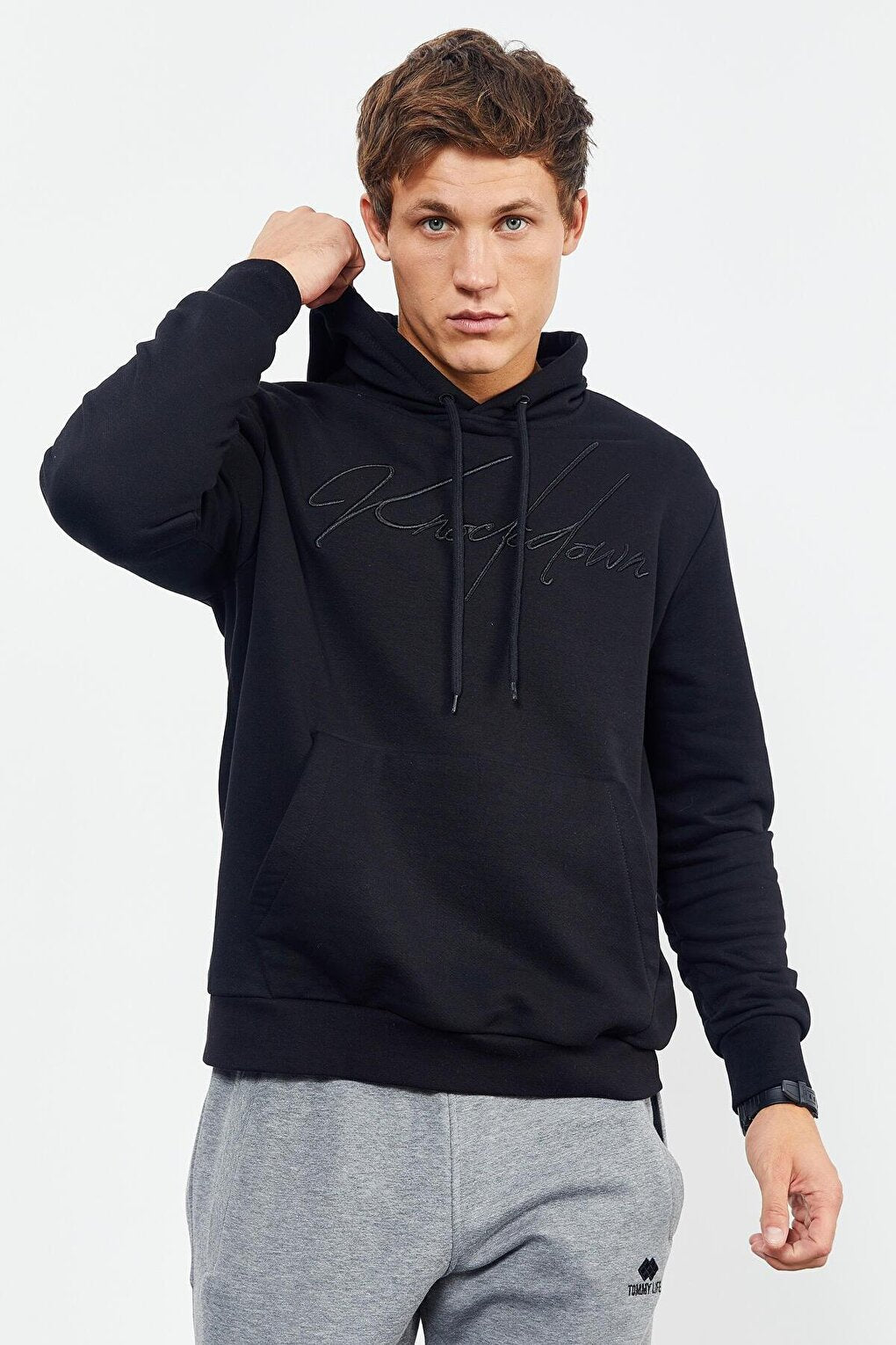 Black Handwritten Embroidered Hooded Comfortable Men's Sweatshirt - 88007