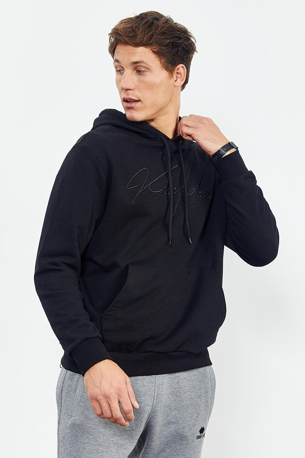 Black Handwritten Embroidered Hooded Comfortable Men's Sweatshirt - 88007