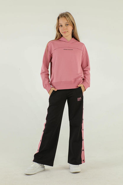 Hooded Girls Tracksuit Set with Snap Detail