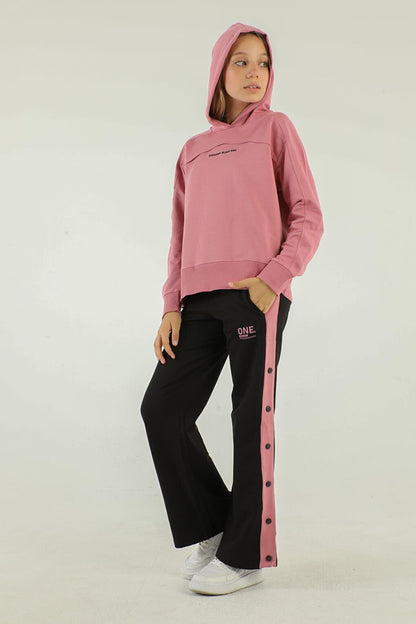 Hooded Girls Tracksuit Set with Snap Detail