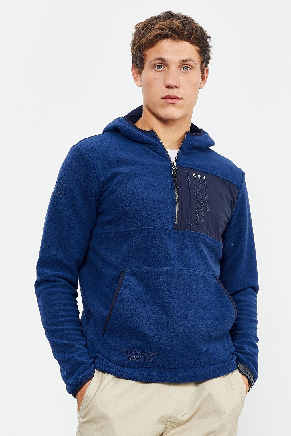 Indigo Embroidered Half Zipper Hooded Standard Fit Men's Fleece Sweatshirt - 87996