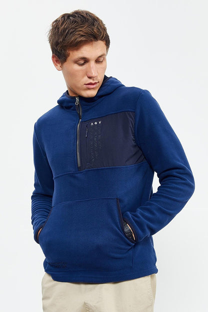 Indigo Embroidered Half Zipper Hooded Standard Fit Men's Fleece Sweatshirt - 87996