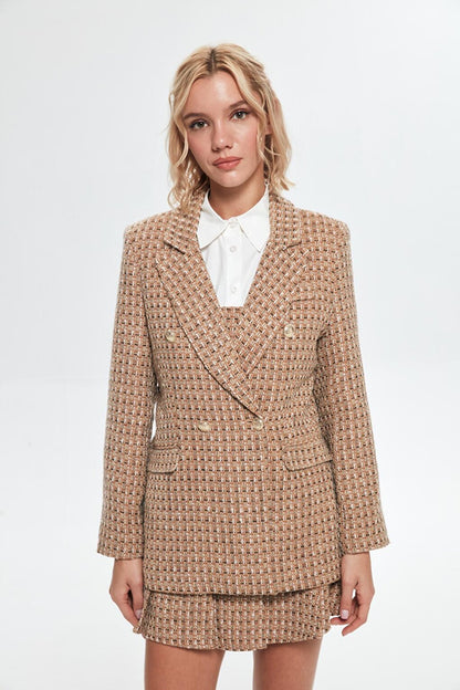 Button Detailed Tweed Blazer Jacket Brown