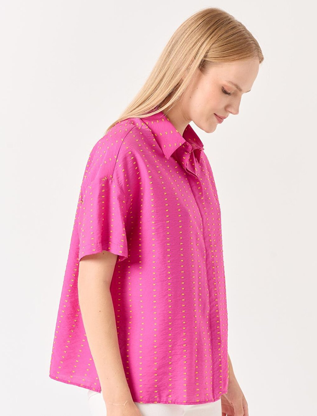 Pink Loose Cut Short Sleeve Detailed Shirt