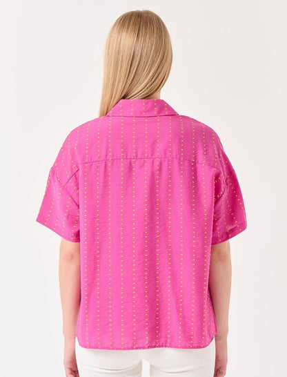 Pink Loose Cut Short Sleeve Detailed Shirt