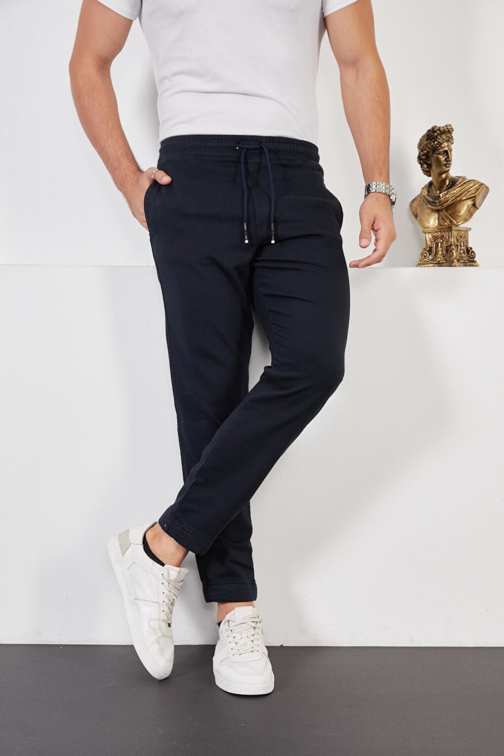 Men's Navy Blue Cotton Jogger Pants with Elastic Waist and Legs