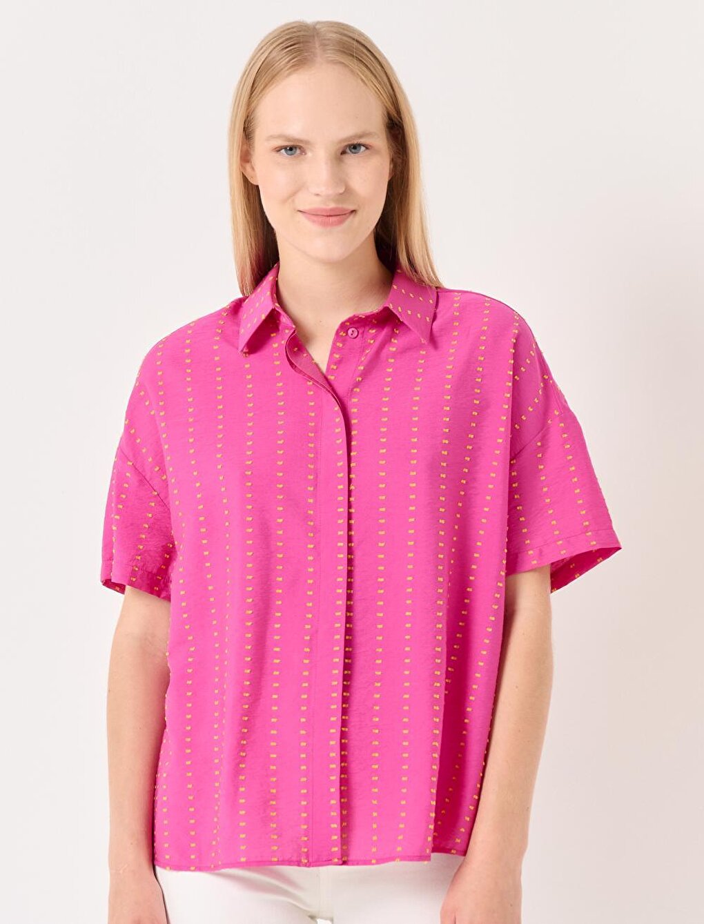 Pink Loose Cut Short Sleeve Detailed Shirt