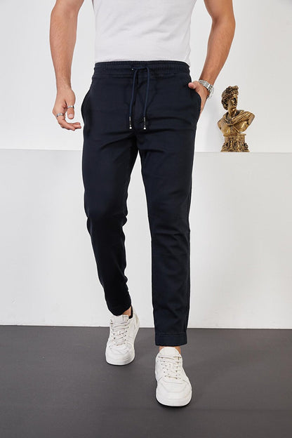 Men's Navy Blue Cotton Jogger Pants with Elastic Waist and Legs