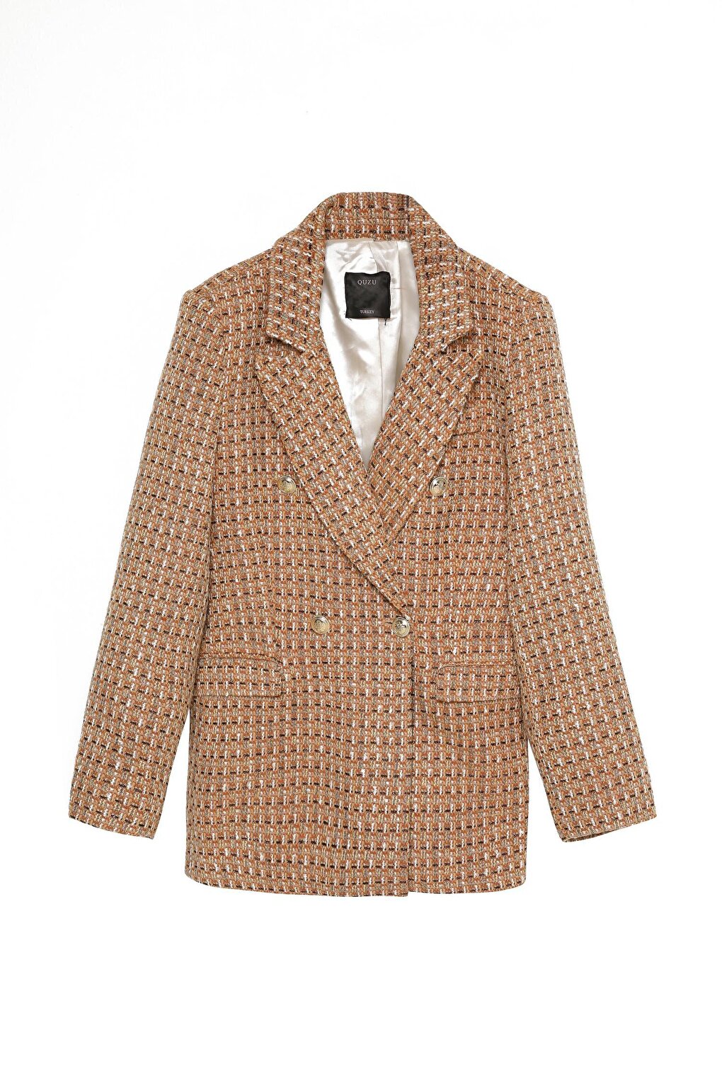 Button Detailed Tweed Blazer Jacket Brown