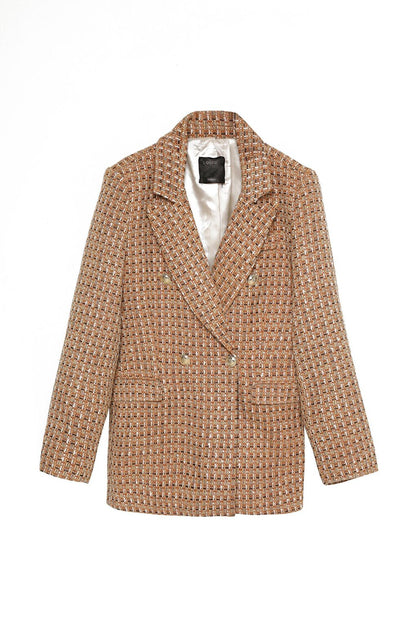 Button Detailed Tweed Blazer Jacket Brown