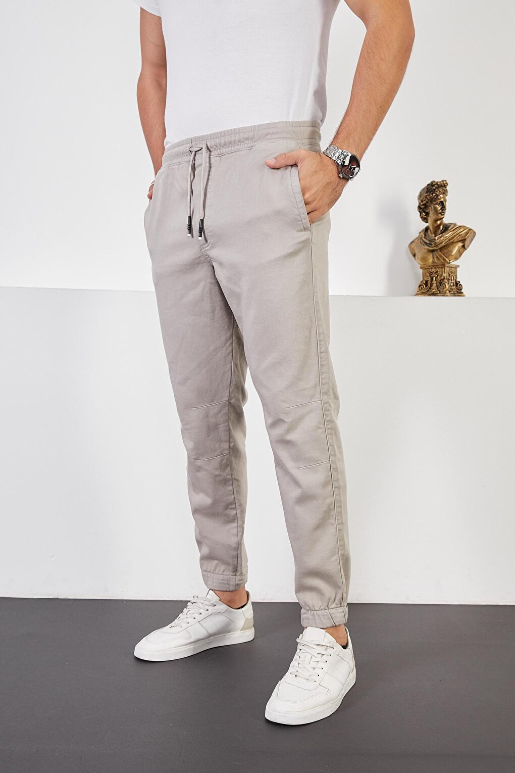 Men's Stone Cotton Jogger Pants with Elastic Waist and Legs