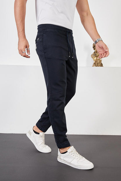 Men's Navy Blue Cotton Jogger Pants with Elastic Waist and Legs