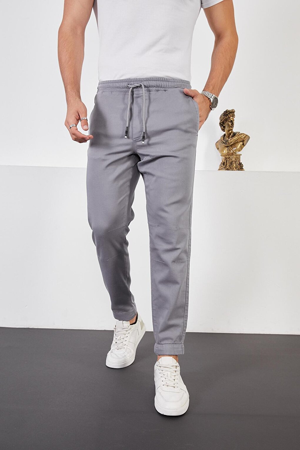 Men's Gray Cotton Jogger Pants with Elastic Waist and Legs