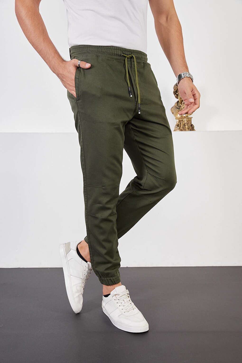 Men's Khaki Cotton Jogger Pants with Elastic Waist and Legs