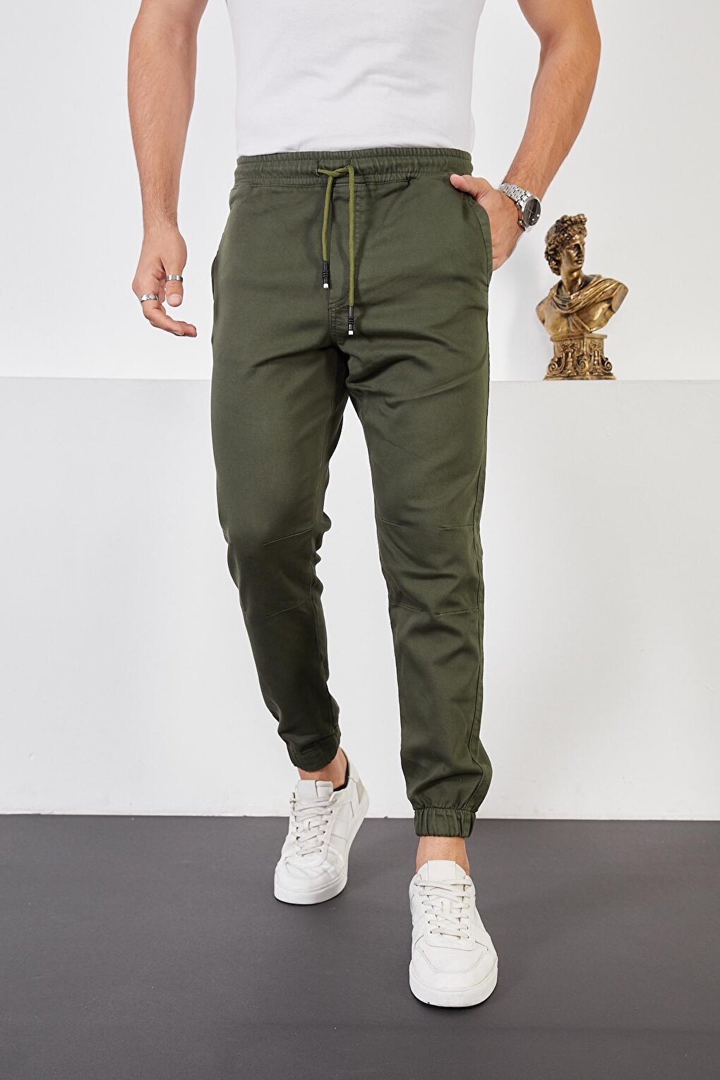 Men's Khaki Cotton Jogger Pants with Elastic Waist and Legs