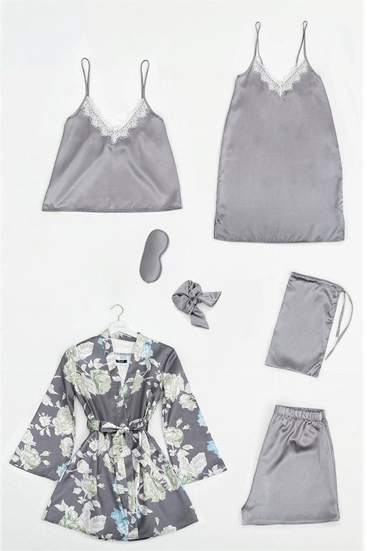 7-Piece Satin Floral Gray Pajama Set