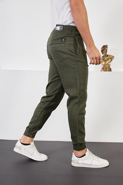 Men's Khaki Cotton Jogger Pants with Elastic Waist and Legs