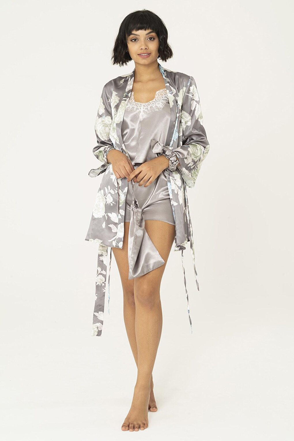 7-Piece Satin Floral Gray Pajama Set