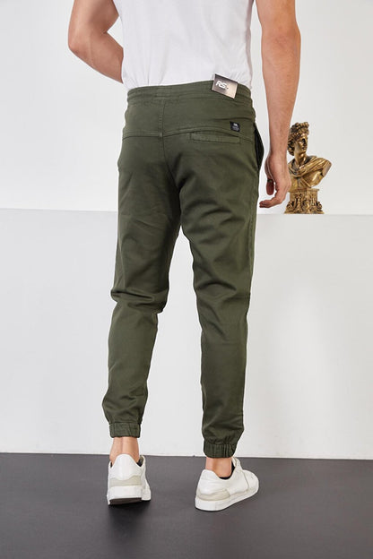 Men's Khaki Cotton Jogger Pants with Elastic Waist and Legs