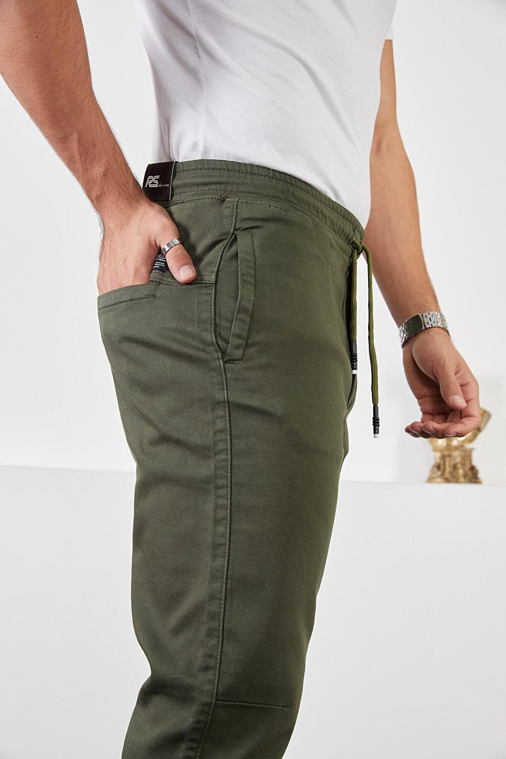 Men's Khaki Cotton Jogger Pants with Elastic Waist and Legs