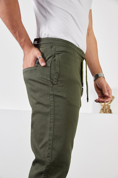 Men's Khaki Cotton Jogger Pants with Elastic Waist and Legs