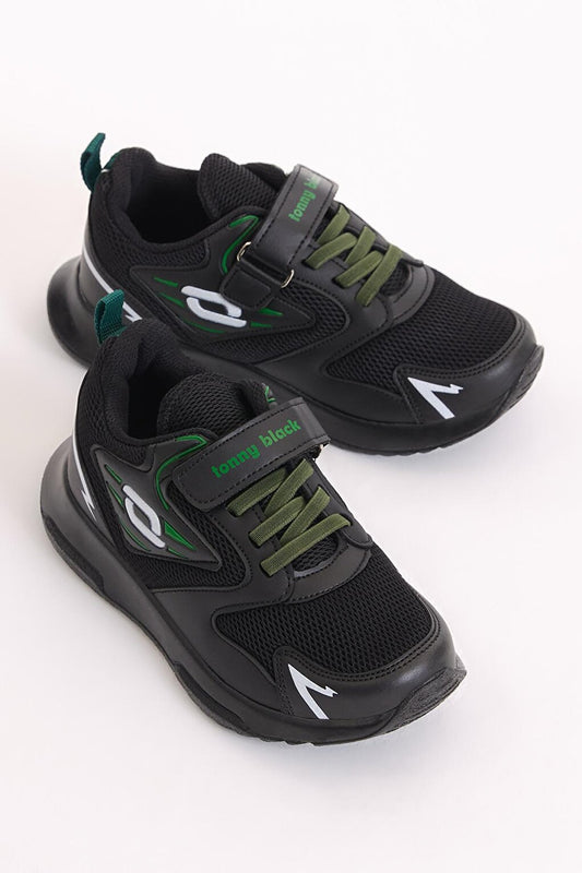 Children's Unisex Black Green Breathable Fabric Patterned Velcro Sports Shoes